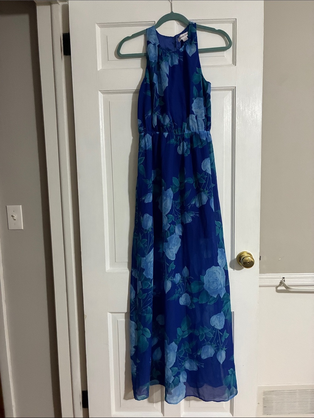 Wendy Bird Blue Floral Maxi Dress slit on side Sleeveless Halter